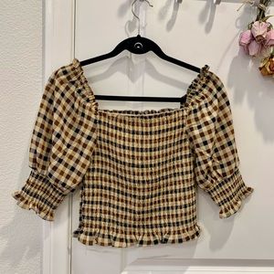 Brown Plaid Square Neck Puffy Sleeve Top